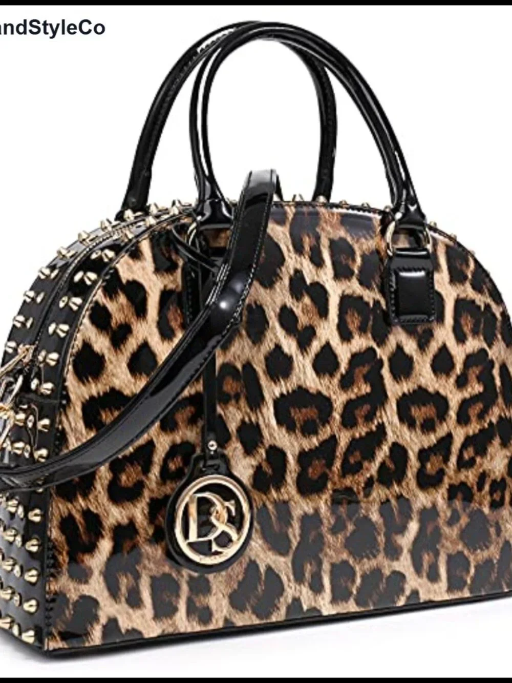 Faux Patent Leather Dome Satchel Handbag Work Tote with Rhinestone & Shoulder